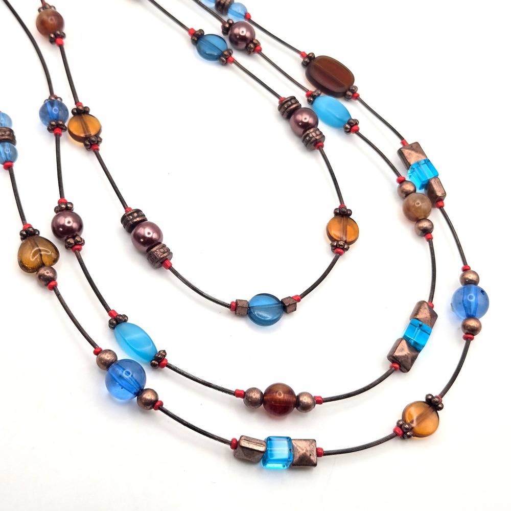 Blue Amber Color Glass Bead Triple Strand Layered Necklace Copper Tone Hardware